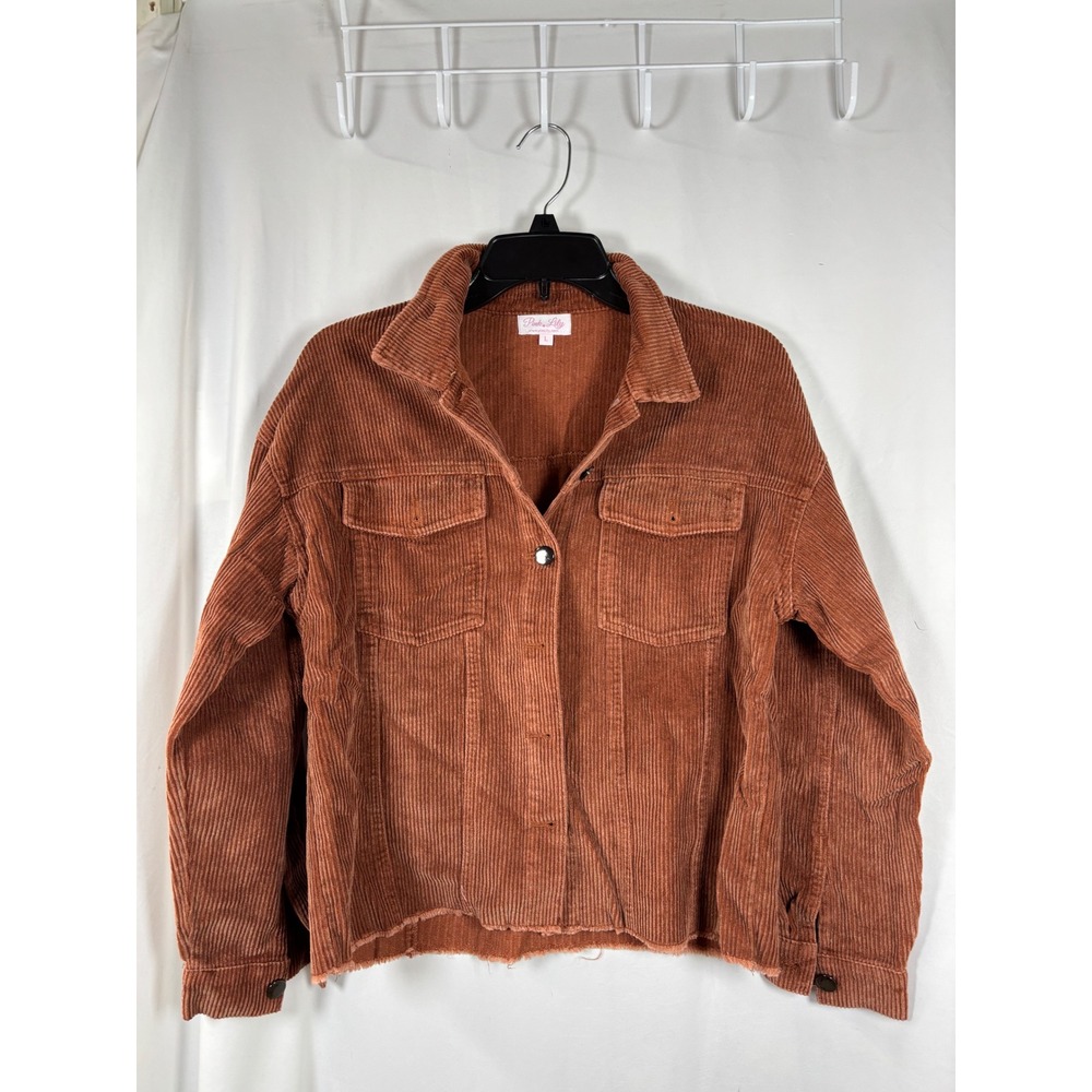 Pink Lily Rust Brown Corduroy Raw Hem Trucker Jacket AP-5710 Womens Large